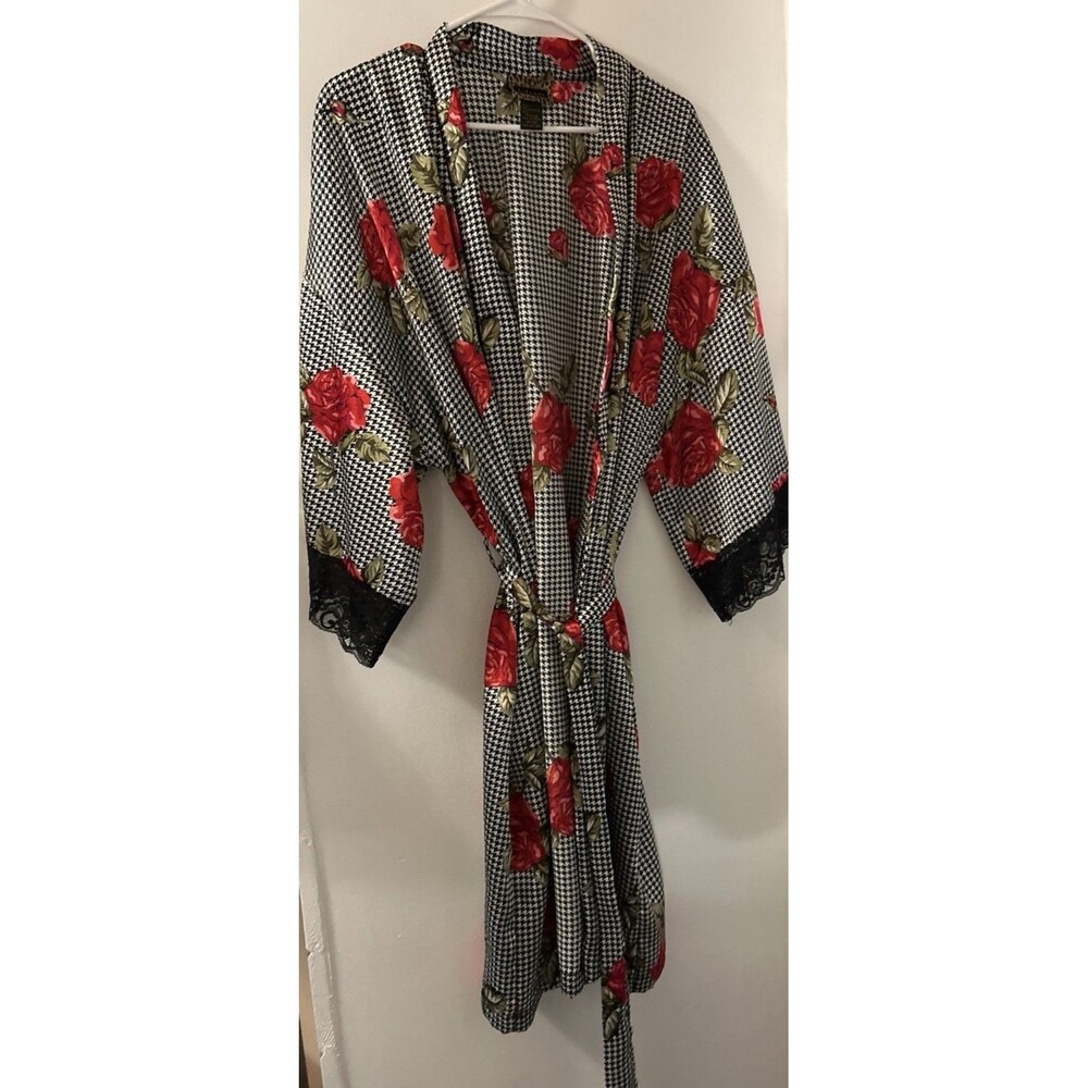 Vtg Solange Hollywood Glam Satin Lingerie Rose Floral Sleeve Kimono Wrap 14/20